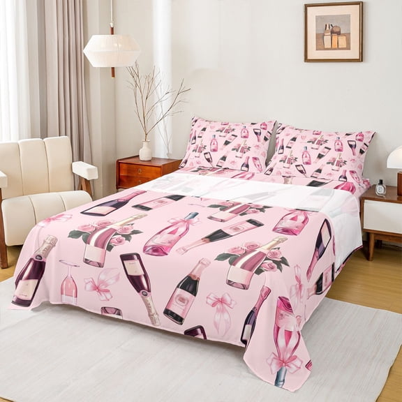 jejeloiu Happy Valentine Day Twin Sheet Sets,Kawaii Bow Tie Twin Fitted Sheet,Pink Flower Floral Flat Sheet For Men Women,Luxury Bedroom Decor,3pcs