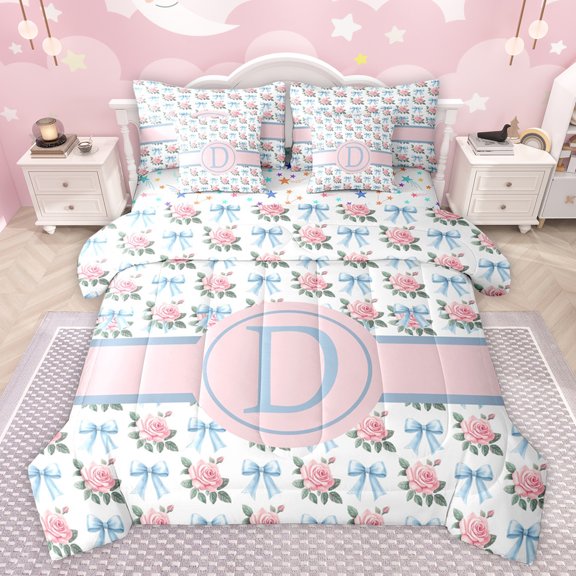 jejeloiu Happy Valentine'S Day 7-Piece Bedding Comforter Set,Blue Letter D King Bedding Sets,Cartoon Bowknot Kawaii Flower Bed Sheets For Princess,Lightweight Room Decoration Reversible