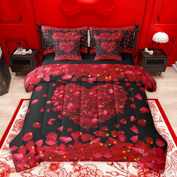jejeloiu Happy Valentine'S Day 7-Piece Twin Bedding Sets,Romantic Floral Loves Bedding Comforter Set,Red Black Sheet Sets For Girls,Microfiber Bedroom Decor Reversible