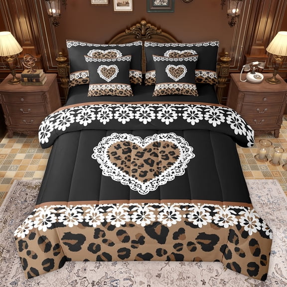 jejeloiu Happy Valentine'S Day 7 Pieces Bedding Comforter Set,Chic Leopard Print Full Bedding Set,Cartoon Loves Flowers Fitted Sheet Flat Sheet For Girls Kids,Luxury Bedroom Decor Reversible