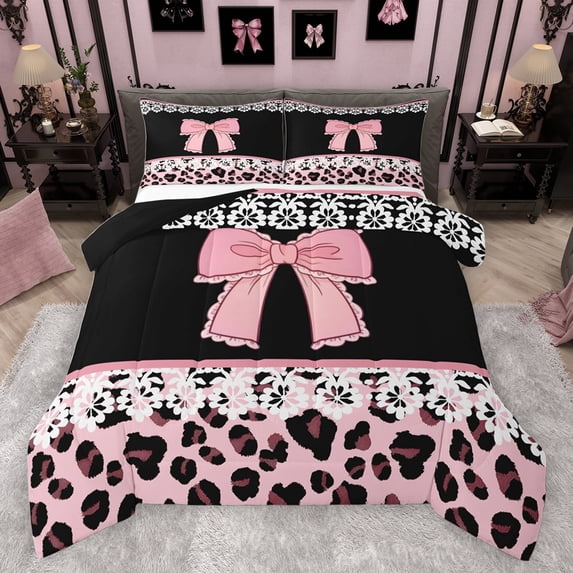 jejeloiu Happy Valentine'S Day Full Size Comforter Sets,Cartoon Bowtie Bowknot Bedding Comforter Set,Pink Leopard Print Bedding Sets For Girls Kids,Luxury Bedroom Decor Reversible,3 Pieces