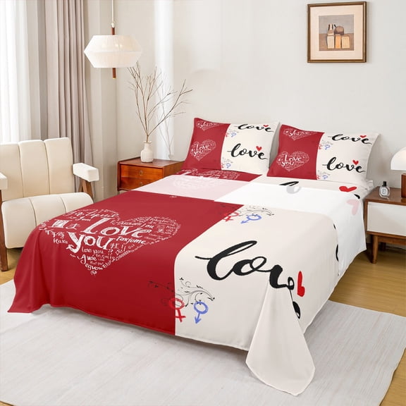 jejeloiu Happy Valentine'S Day Full Size Sheets,Cartoon Cute Loves Bed Sheets,Romantic Couple Sheet Sets For Men Women,Super Cozy Room Decor,4 Pieces