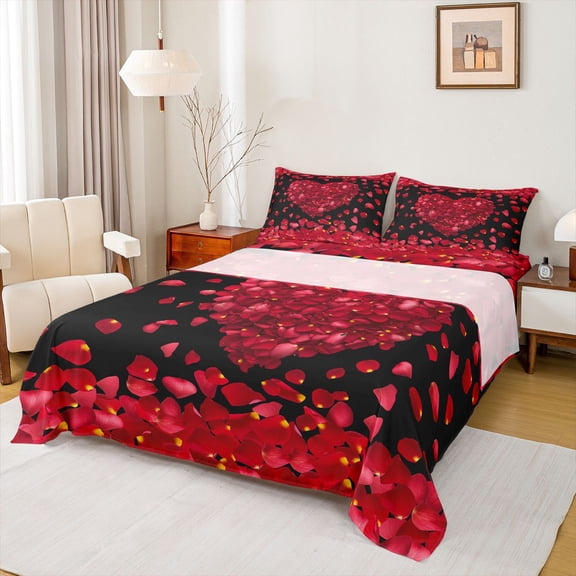 jejeloiu Happy Valentine'S Day Queen Sheet Sets,Romantic Floral Loves Flat Sheet,Red Black Queen Fitted Sheet For Girls,Microfiber Bedroom Decor,4pcs