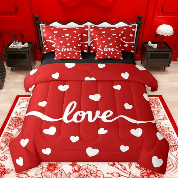 jejeloiu Happy Valentins'S Day 7-Piece Twin Bedding Sets,Cartoon Heart Print Bedding Comforter Set,Red White Sheet Sets For Girls,Super Cozy Room Decor Reversible