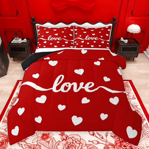 jejeloiu Happy Valentins'S Day Bedding Comforter Set,Cartoon Heart Print Twin Comforter Sets,Red White Bedding Set For Girls,Super Cozy Room Decor Reversible,2-Piece