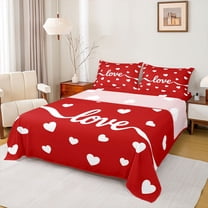 jejeloiu Happy Valentins'S Day Twin Sheet Sets,Cartoon Heart Print Twin Fitted Sheet,Red White Flat Sheet For Girls,Super Cozy Room Decor,3-Piece