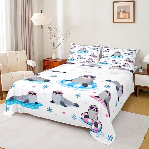 jejeloiu Harbor Seal Queen Sheet Sets,Cute Ocean Animal Bed Set,Blue Snowflake Pink Love Print 03 For Kids 4-Piece