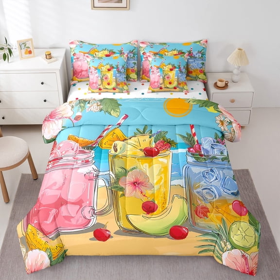 jejeloiu Hawaii Ocean Holiday Bedding Comforter Set 7-Piece,Rainbow Fruit Pineapple King Bedding Sets,Tropical Style Cherry Bed Sheets For Teens,Breathable Home Decor Reversible