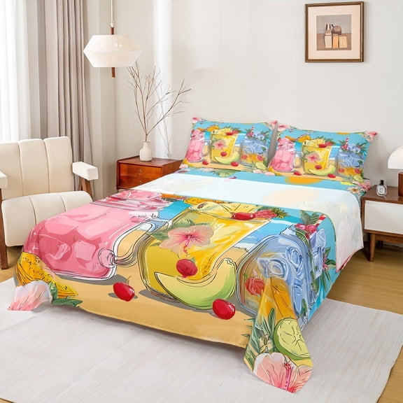 jejeloiu Hawaii Ocean Holiday Full Size Sheets,Rainbow Fruit Pineapple Bed Sheets,Tropical Style Cherry Sheet Sets For Teens,Breathable Home Decor,4 Pieces