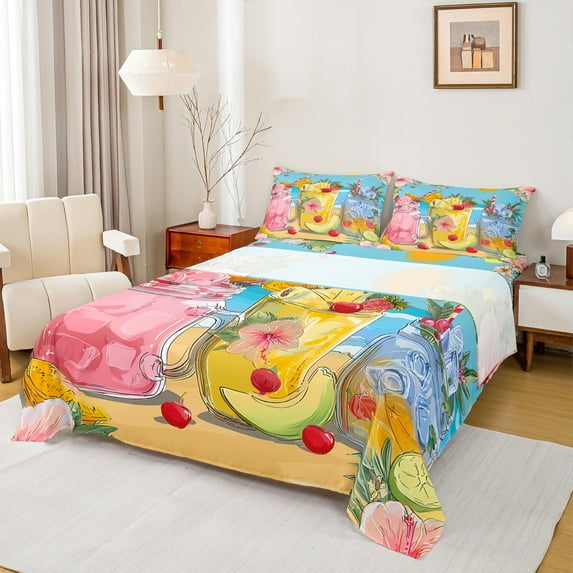 jejeloiu Hawaii Ocean Holiday Twin Sheet Sets,Rainbow Fruit Pineapple Twin Fitted Sheet,Tropical Style Cherry Flat Sheet For Teens,Breathable Home Decor,3-Piece