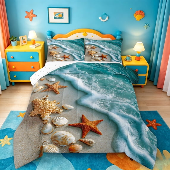 jejeloiu Hawaii Sea Beach Full Size Comforter Sets For Girls,Starfish Seashell Print Bedding Comforter Set,Turquoise Sand,Reversible,3pcs,1 Comforter and 2 Pillowcases