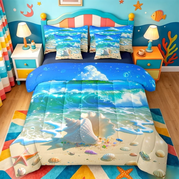 jejeloiu Hawaii Sea Beach Wave 7-Piece Twin Bedding For Girls,Ocean Conch Shell Print Bedding Comforter Set,Turquoise Sand,Navy Blue Reversible