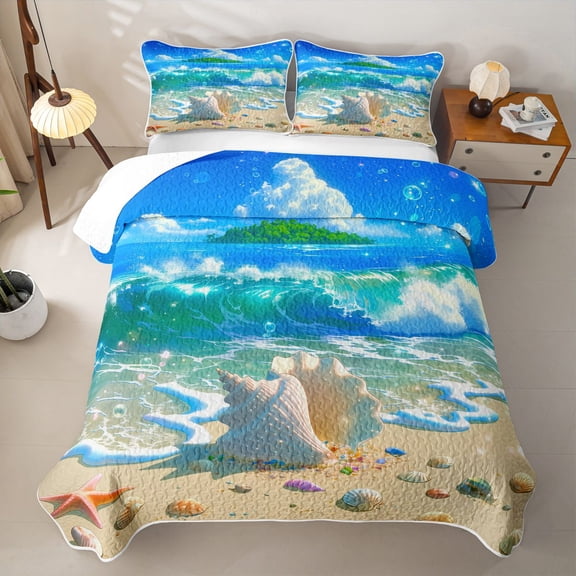 jejeloiu Hawaii Sea Beach Wave Bed Spread Queen For Girls,Ocean Conch Shell Print Queen Coverlet Set,Turquoise Sand,3 Pieces