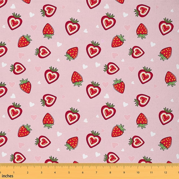 jejeloiu Heart Strawberry Fabric by the Yard 1 Yard,Fruit Plant Home Decor Fabric by the Yard,Pink Green Red Sewing Fabric For Teens,Microfiber Bedroom Decor