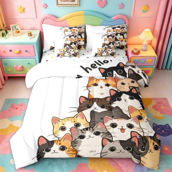 jejeloiu Hello Cat 7 Pieces Bedding Comforter Set Kids,Cute Print Full Bedding Set,Reversible