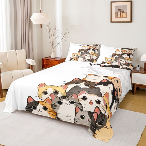 jejeloiu Hello Cat Bed Sheets Kids,Cute Print King Sheets,4pcs