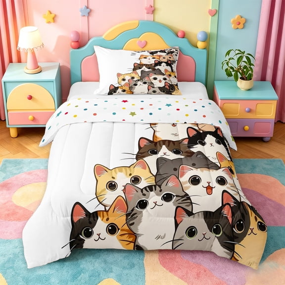 jejeloiu Hello Cat Twin Comforter Sets Kids,Cute Print Bedding Set,Reversible,2pcs