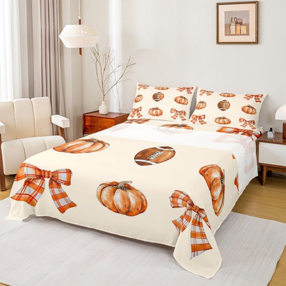 jejeloiu Hello Halloween Pumpkin Twin Sheet Sets,Autumn Fall Twin Fitted Sheet,Orange Bowtie Bow Flat Sheet For Children,Breathable Home Decor,3-Piece