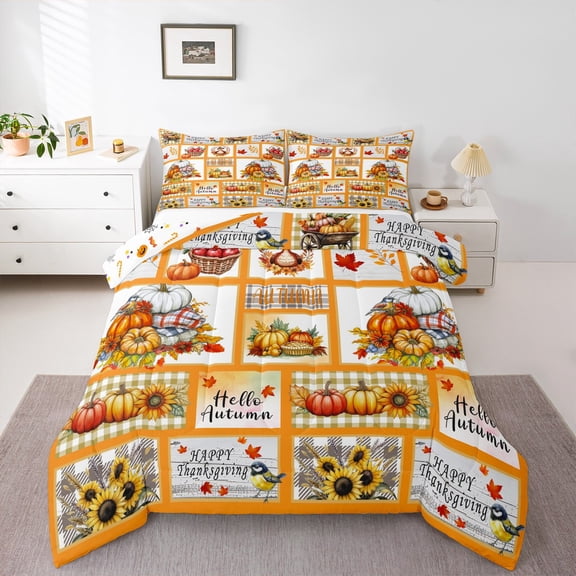 jejeloiu Hello Halloween Queen Comforter Set,Autumn Harvest Pumpkin Bedding Sets,Happy Thanksgiving Bedding Comforter Set For Children,Breathable Home Decor Reversible,3-Piece