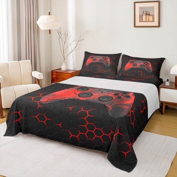 jejeloiu Hexagon Game Twin 3-Piece Super Cozy Red Black Geometric Sheet Set