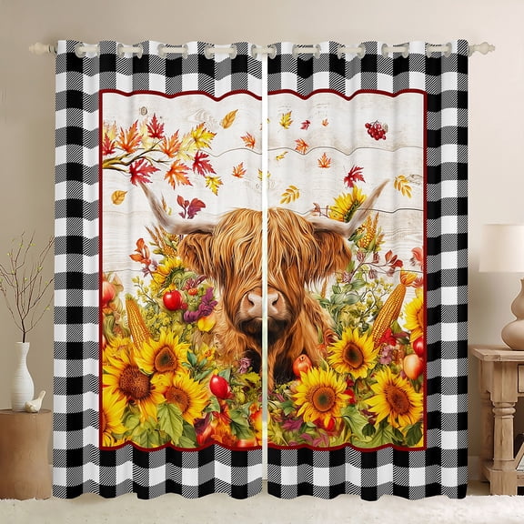 jejeloiu Highland Cattle Blackout Curtains,Rustic Farmhouse Cabin Curtains Pack of 2 (38x45 Each),Autumn Sunflower Floral Window Curtains For Boys Girls,Luxury Bedroom Decor