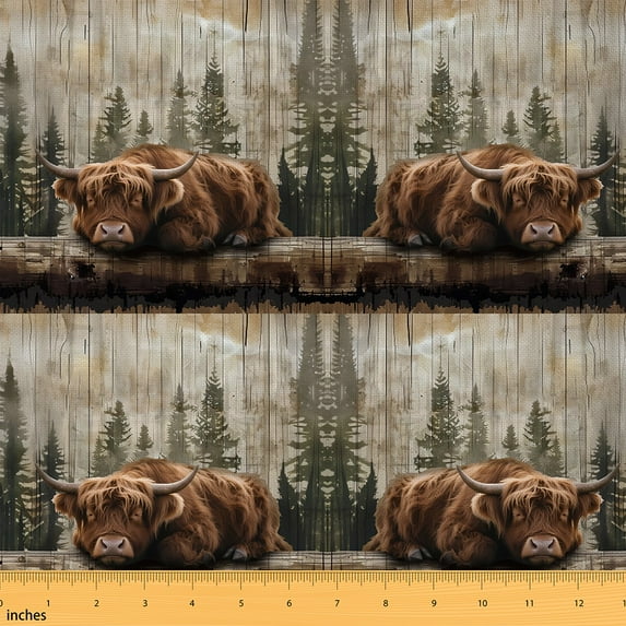 jejeloiu Highland Cattle Fabric by the Yard 1 Yard,Farm Animal Cow Home Decor Fabric by the Yard,Rustic Farmhouse Cabin Sewing Fabric For Child,Luxury Bedroom Decor
