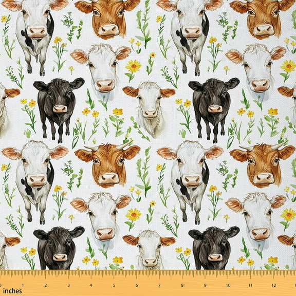 jejeloiu Highland Cattle Fabric by the Yard 1 Yard,Yellow Daisy Flower Home Decor Fabric by the Yard,Rustic Farmhouse Cabin Sewing Fabric For Boys Kids,Super Cozy Room Decor