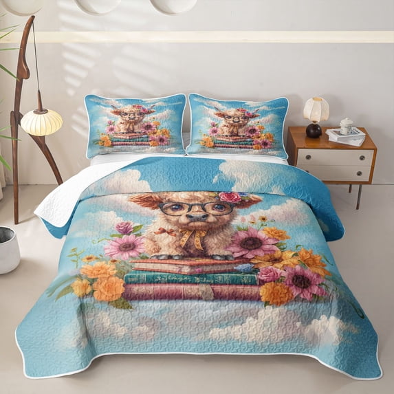 jejeloiu Highland Cow Book Floral Twin Quilt Set Kids,Rustic Farm Print Twin Coverlet Set,2pcs