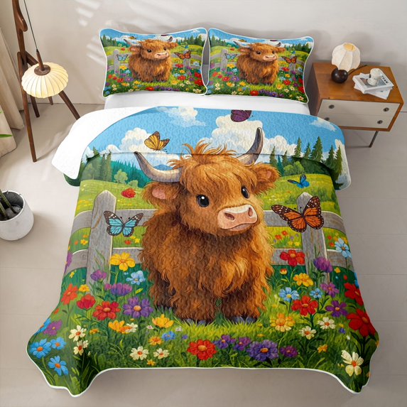 jejeloiu Highland Cow Butterfly Quilt Full Kids,Farm Animal Print Full Bedspread Sets,3-Piece