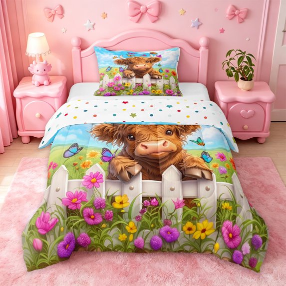 jejeloiu Highland Cow Butterfly Twin Comforter Sets Kids,Farm Print Bedding Set,Reversible,2pcs