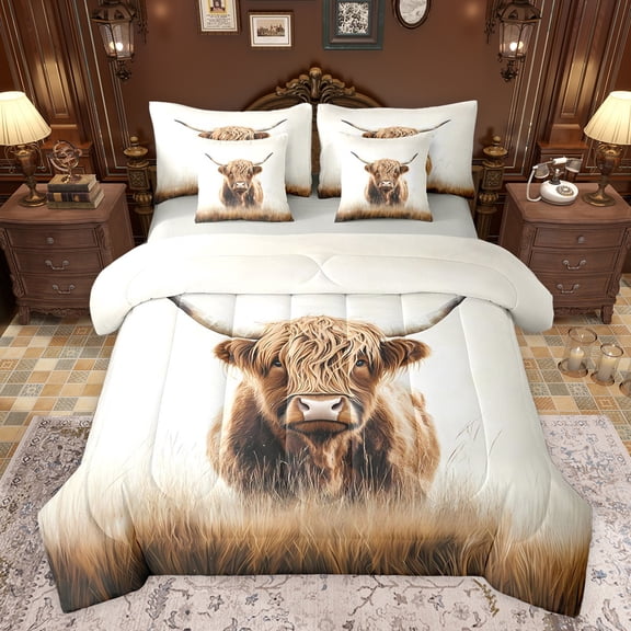 jejeloiu Highland Cow Cattle 7-Piece Bedding Comforter Set,Rustic Farm Animal King Bedding Sets,Brown White Bed Sheets For Adult,Luxury Bedroom Decor Reversible