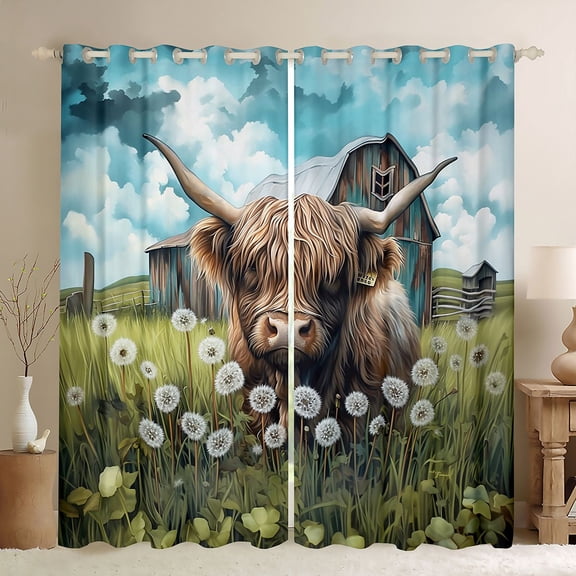 jejeloiu Highland Cow Cattle Curtains Pack of 2 (42x84 Each),Old Barn Door Curtains Blackout,Rustic Flower Dandelion Bedroom Curtains For Teens,Microfiber Bedroom Decor