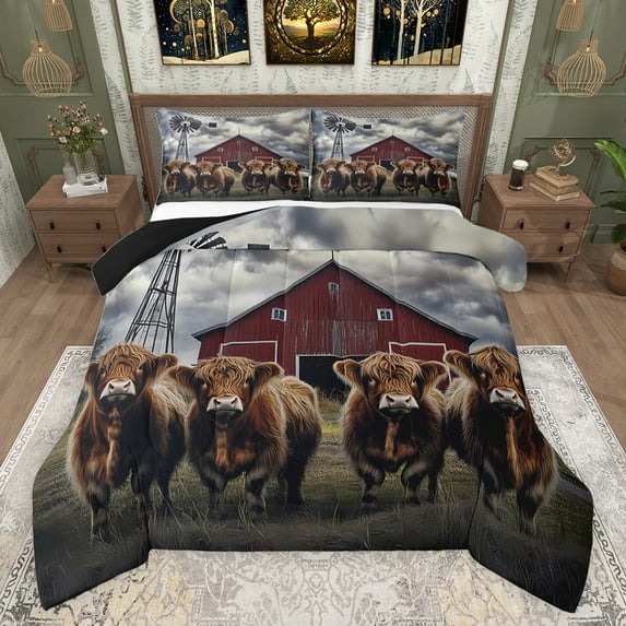 jejeloiu Highland Cow Cattle Full Size Comforter Sets,Farm Animal Cattle Bedding Comforter Set,Vintage Barn Door Bedding Sets For Adults,Breathable Home Decor Reversible,3pcs