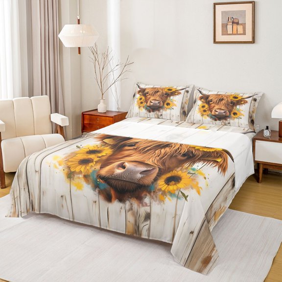 jejeloiu Highland Cow Cattle Twin Sheet Sets,Country Farmhouse Lodge Twin Fitted Sheet,Rustic Flower Sunflower Flat Sheet For Teens,Microfiber Bedroom Decor,3pcs
