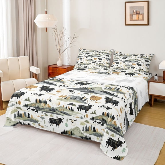 jejeloiu Highland Cow Cattle Twin Sheet Sets,Country Farmhouse Lodge Twin Fitted Sheet,White Green Black Flat Sheet For Teens,Microfiber Bedroom Decor,3pcs