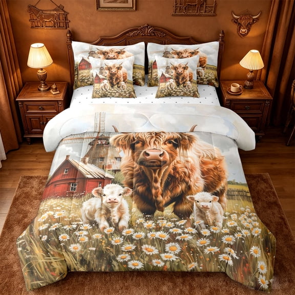 jejeloiu Highland Cow Farm Windmill 7-Piece Twin Bedding Sets Kids,Floral Farm Print Bedding Comforter Set