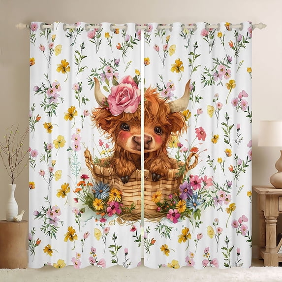 jejeloiu Highland Cow Floral Black Out Curtains Kids,Girly Watercolor Flowers Curtains Pack of 2 (42x63 Each)