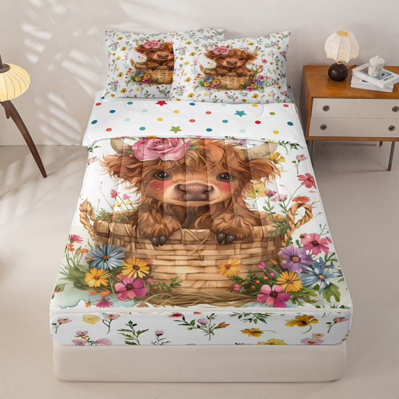 jejeloiu Highland Cow Floral Zipper Full Size Comforter Sets with Fitted Sheet and 2 Pillowcases Kids,Girly Watercolor Flowers Zipper Bedding Set,Reversible,4 Pieces