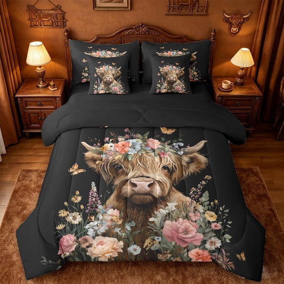 jejeloiu Highland Cow Flower 7-Piece Twin Bedding Sets Kids,Farm Animal Print Bedding Comforter Set,Reversible