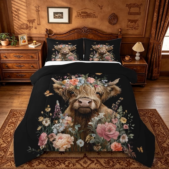 jejeloiu Highland Cow Flower Full Size Comforter Sets Kids,Farm Animal Print Bedding Sets,Reversible,3pcs