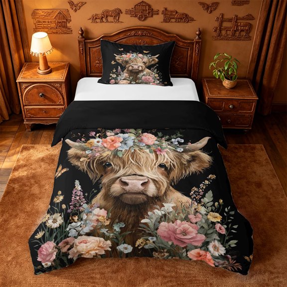 jejeloiu Highland Cow Flower Twin Bedding Kids,Farm Animal Print Duvet Cover Set,Reversible,2 Pieces(No Comforter)