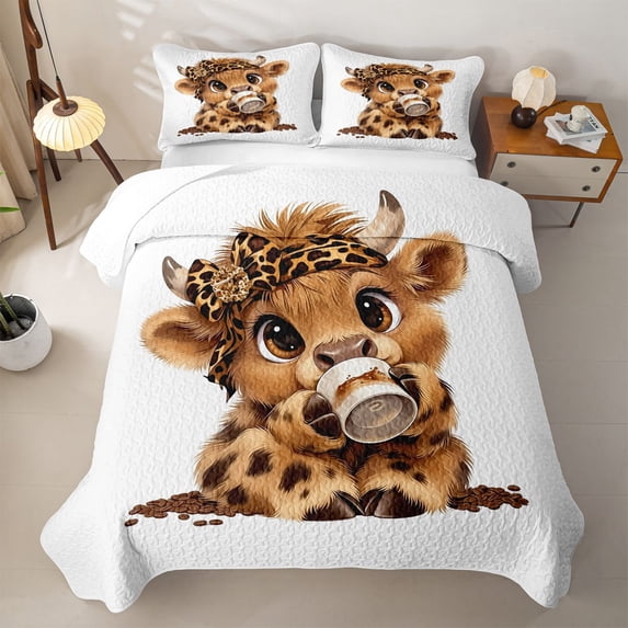 jejeloiu Highland Cow Leopard Print Bed Spread Queen Kids,Cute Farm Print Queen Coverlet Set,3-Piece