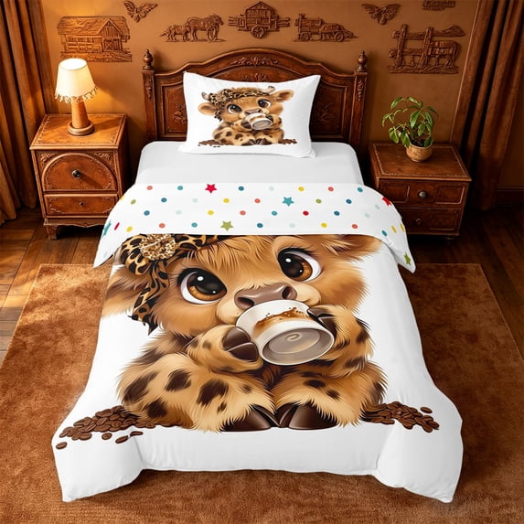 jejeloiu Highland Cow Leopard Print Twin Bedding Kids,Cute Farm Print Duvet Cover Set,Reversible,2-Piece(No Comforter)