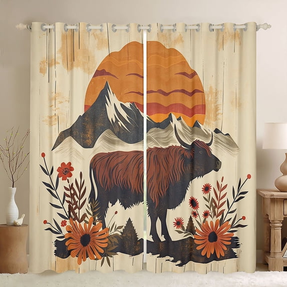 jejeloiu Highland Cow Mountain Sunset Blackout Curtains Set of 2 (52x84 Each) Kids,Floral Farm Print Window Curtains