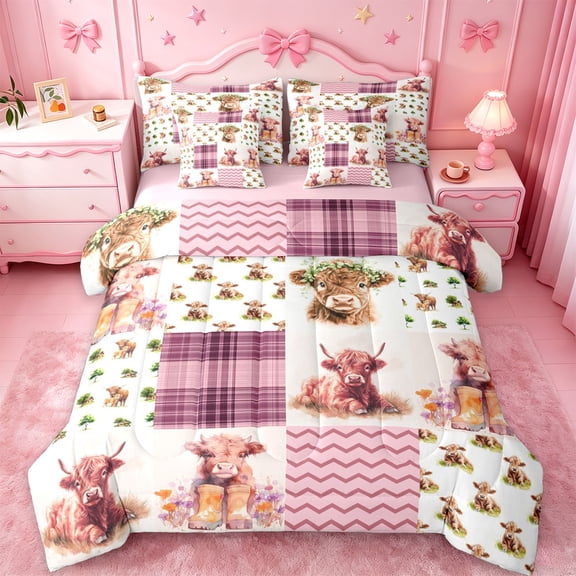 jejeloiu Highland Cow Patchwork Pattern 7-Piece Twin Bedding Sets Kids,Western Cow Print Bedding Comforter Set For Girl,Reversible
