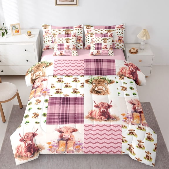 jejeloiu Highland Cow Patchwork Pattern 7pcs Bedding Comforter Set Kids,Western Cow Print Queen Bedding Sets For Girl,Reversible
