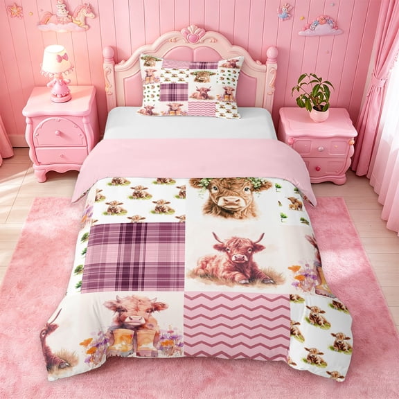 jejeloiu Highland Cow Patchwork Pattern Twin Bedding Kids,Western Cow Print Duvet Cover Set For Girl,Reversible,2pcs(No Comforter)