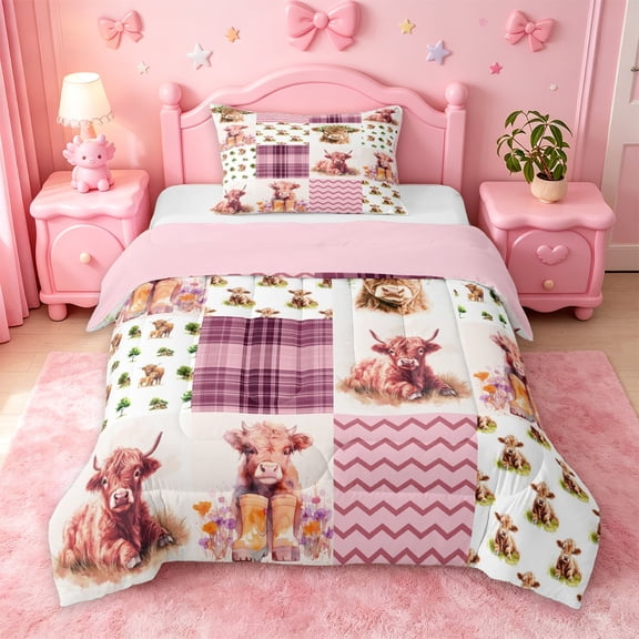 jejeloiu Highland Cow Patchwork Pattern Twin Comforter Sets Kids,Western Cow Print Bedding Set For Girl,Reversible,2pcs