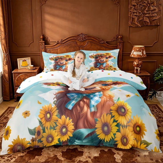 jejeloiu Highland Cow Sunflower Bow Duvet Cover Set Kids,Floral Farm Print Bedding Full,Reversible,3pcs(No Comforter)