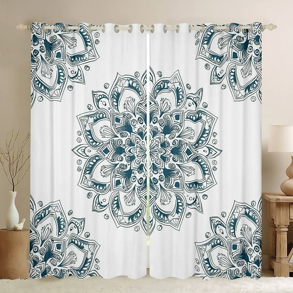 jejeloiu Hippie Medallion Curtains Pack of 2 (42x84 Each),Bohemian Flower Curtains Blackout,Teal White Bedroom Curtains For Teens,Ultra Soft Home Decor